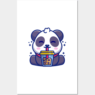 Cute panda drinking boba milk tea cartoon Posters and Art